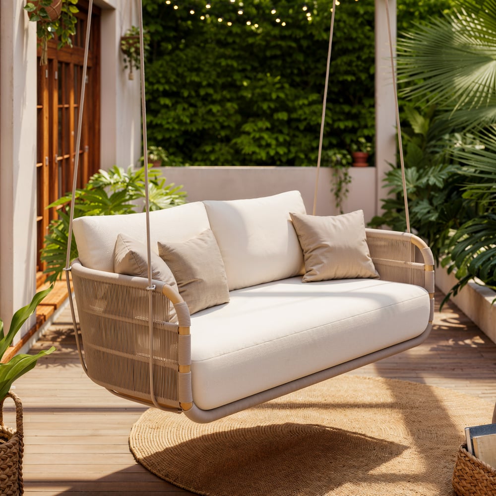 Costra 2-Seater Outdoor Aluminium Handwoven Rope Hanging Swing Chair window image