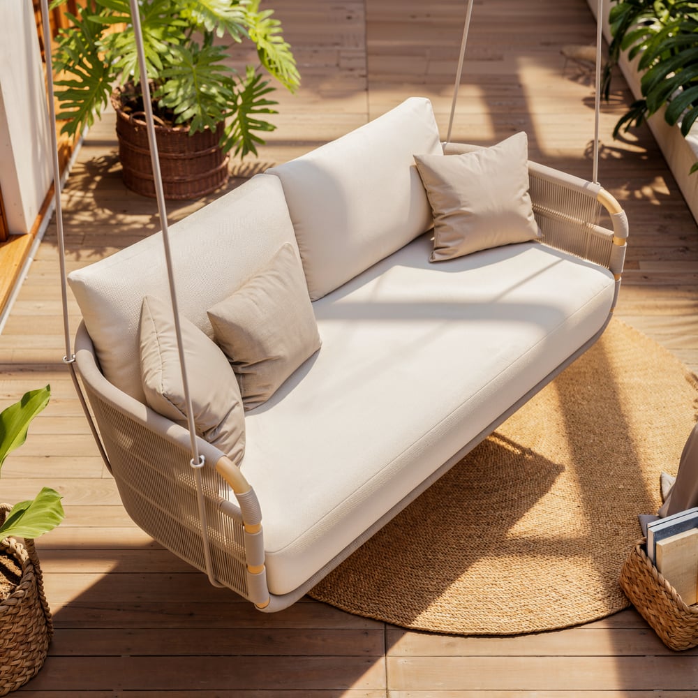 Costra 2-Seater Outdoor Aluminium Handwoven Rope Hanging Swing Chair window image