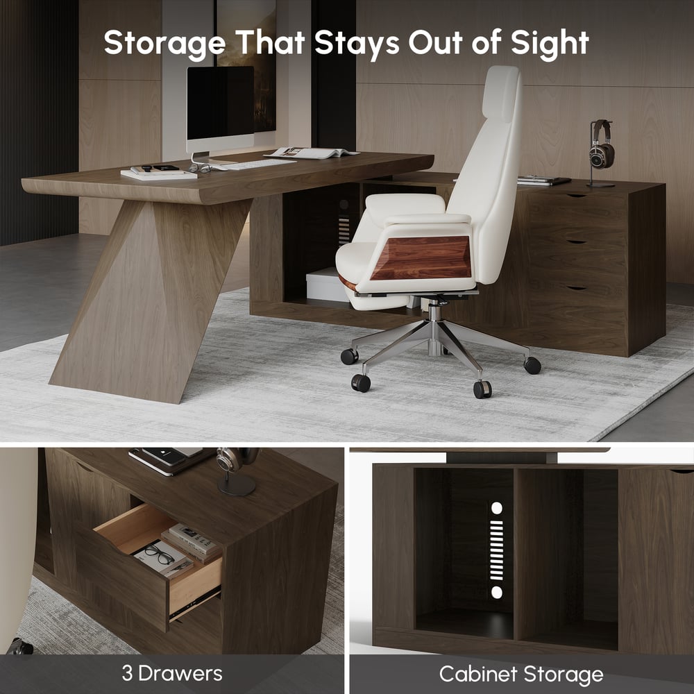 Modern 71" L-Shaped Smoked Brown Executive Desk with Right Hand Return window image