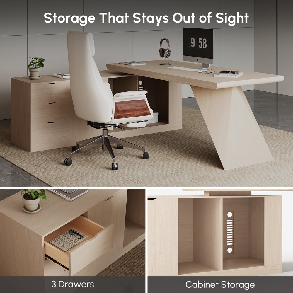 Bureau de direction en L moderne 180 cm finition blanchie avec retour à gauche image de fenêtre