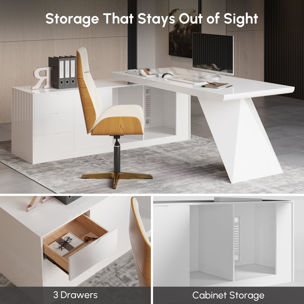 Modern White Large L-Shape Executive Desk with Drawers & Cabinet Right Hand (2000mm) window image