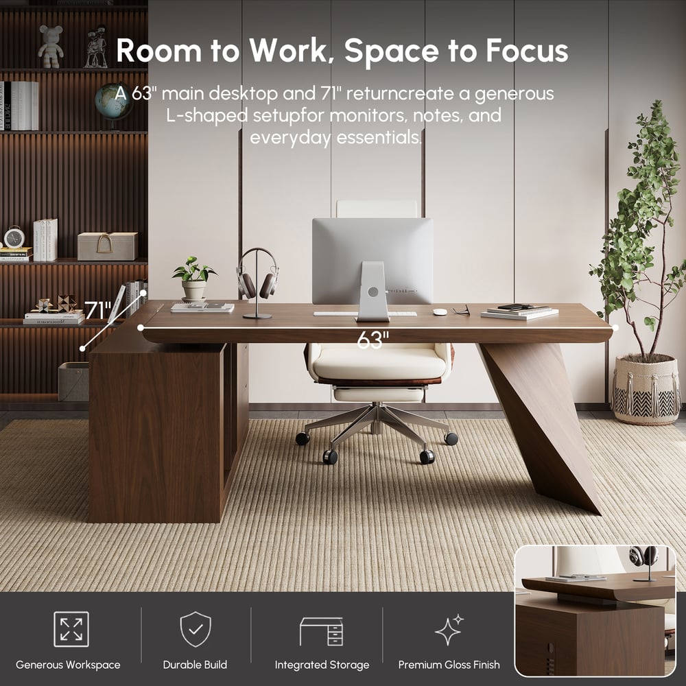 Modern 180 cm L-Shaped Walnut Executive Desk with Right Hand Return window image