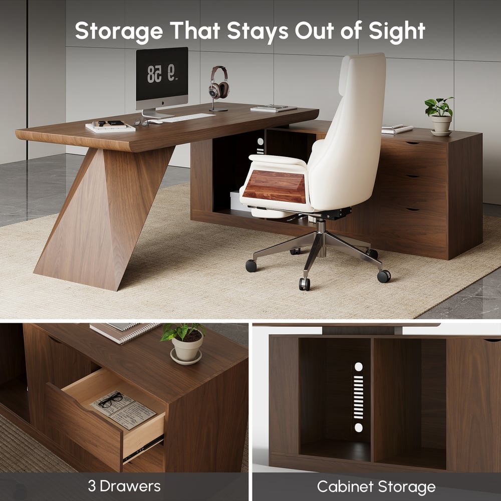 Modern 180 cm L-Shaped Walnut Executive Desk with Right Hand Return window image