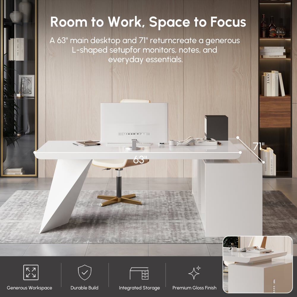 Modern White Large L-Shape Executive Desk with Drawers & Cabinet Right Hand (2000mm) window image
