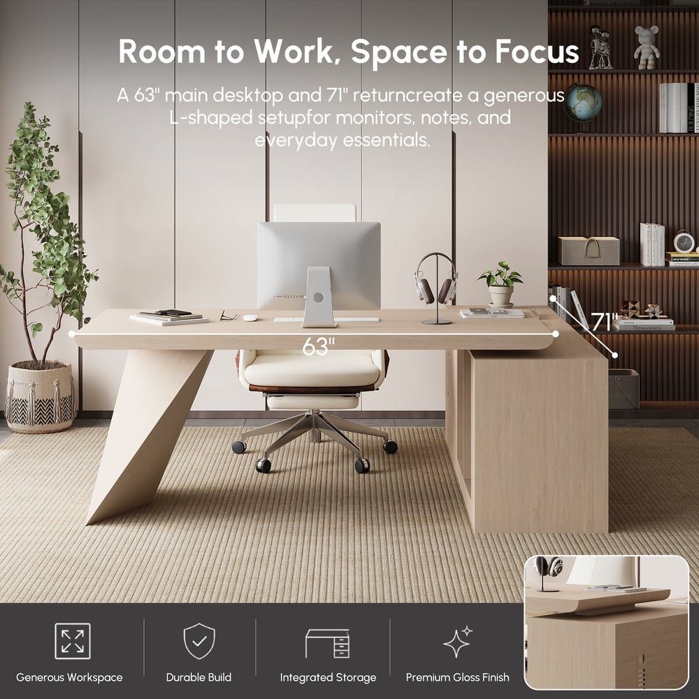 Bureau de direction en L moderne 180 cm finition blanchie avec retour à gauche image de fenêtre