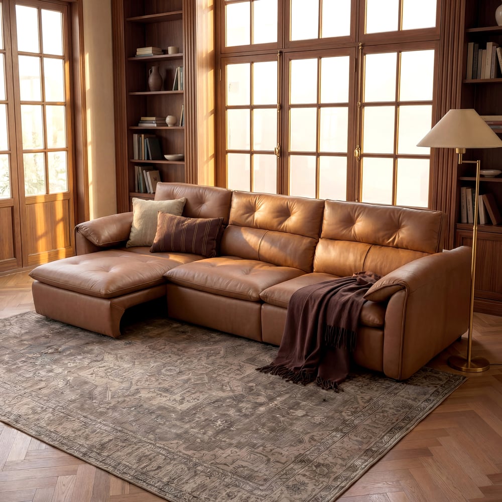 126" 3-Seater Genuine Leather Power Convertible Sleeper Sofa with Adjustable Headrests window image