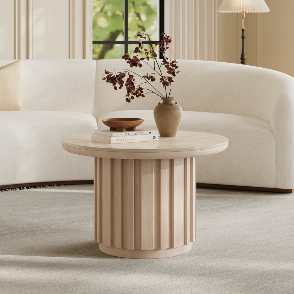Table basse ronde à lattes en bois de frêne Aura avec plateau en pierre frittée image de fenêtre