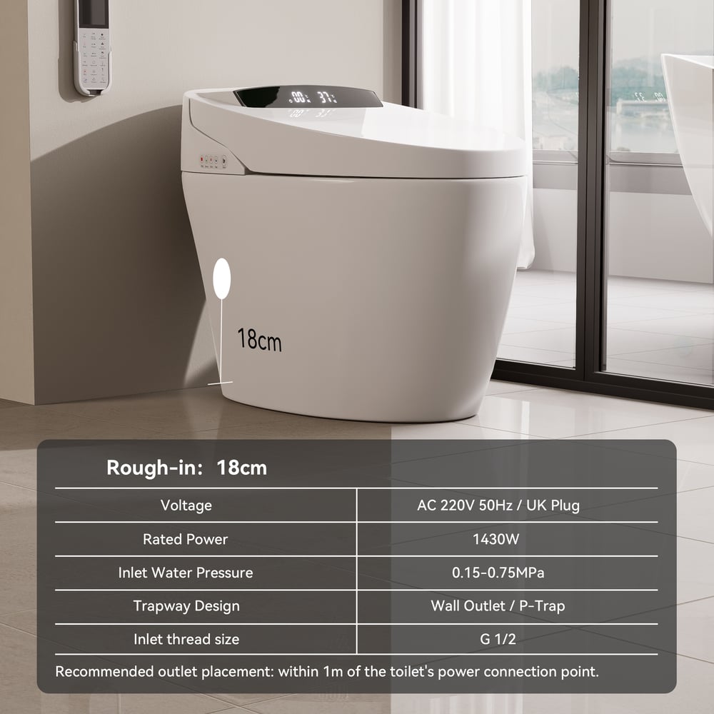 Hynova AX1 Automatic Smart Bidet Toilet with Pre-Moistened | Night Light weights dimensions image