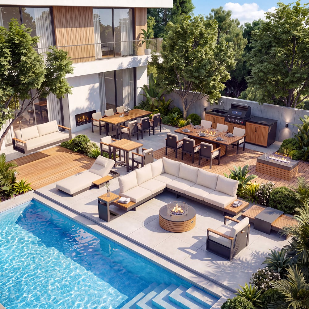 Tevara 4-Piece Outdoor Teak & Aluminium Modular Sofa Set with Coffee Table for 6 window image