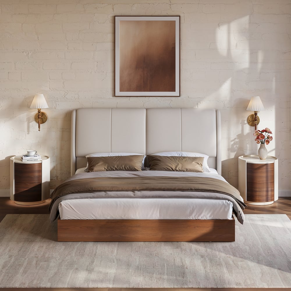 Modern Saddle Leather 2-Drawer Nightstand with Charging Station & Light window image