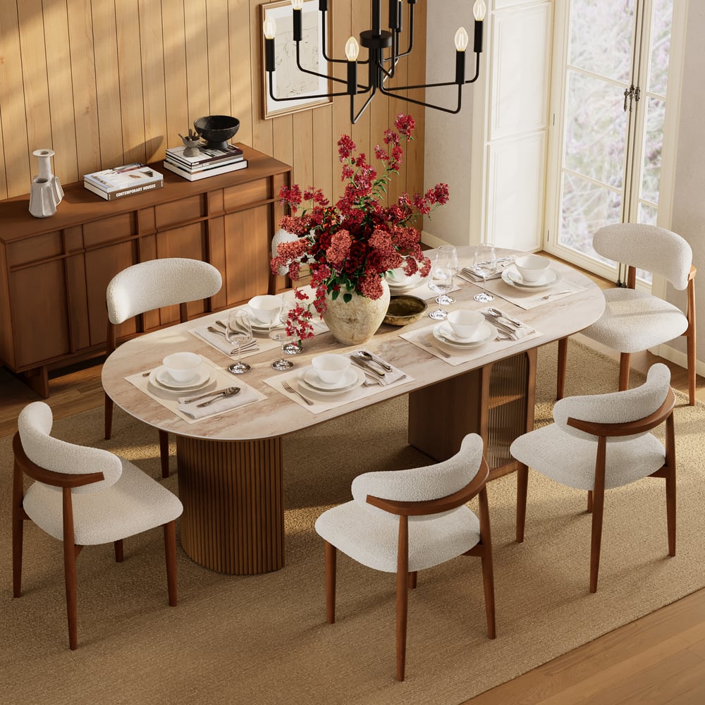 71" Oval Faux Travertine Dining Table Set with 6 Chairs window image