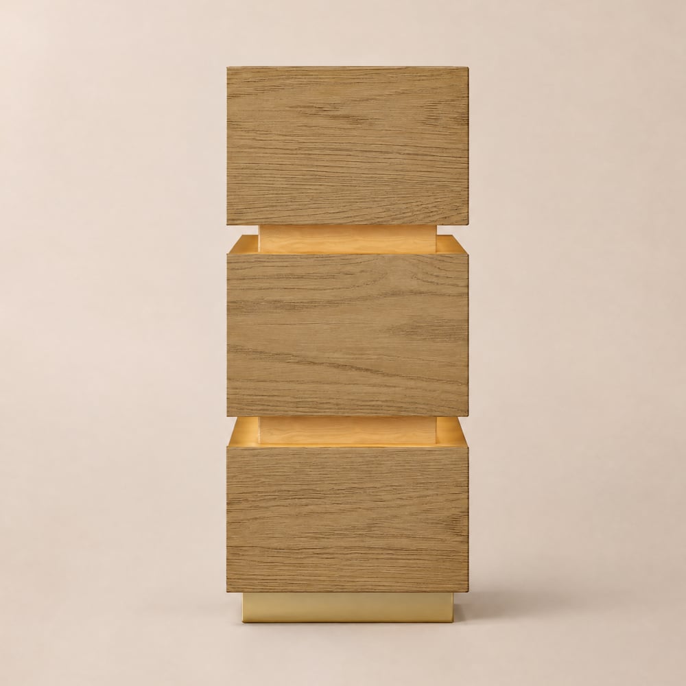 Lumio Wood 3-Drawer Natural Narrow Nightstand with LED Light & Charging Station window image