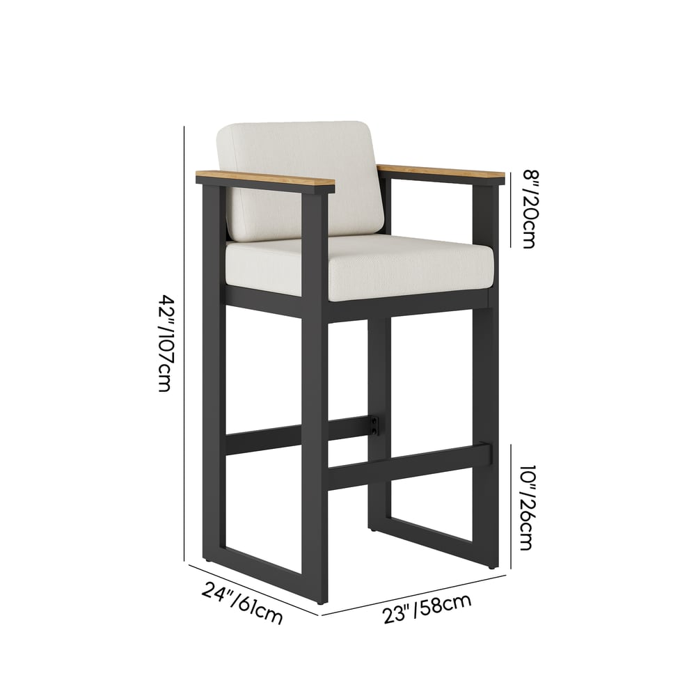 Tabourets de bar d'extérieur Tevara avec cadre en aluminium et accoudoirs en bois de teck, blanc chaud, lot de 2 Poids, dimensions, image