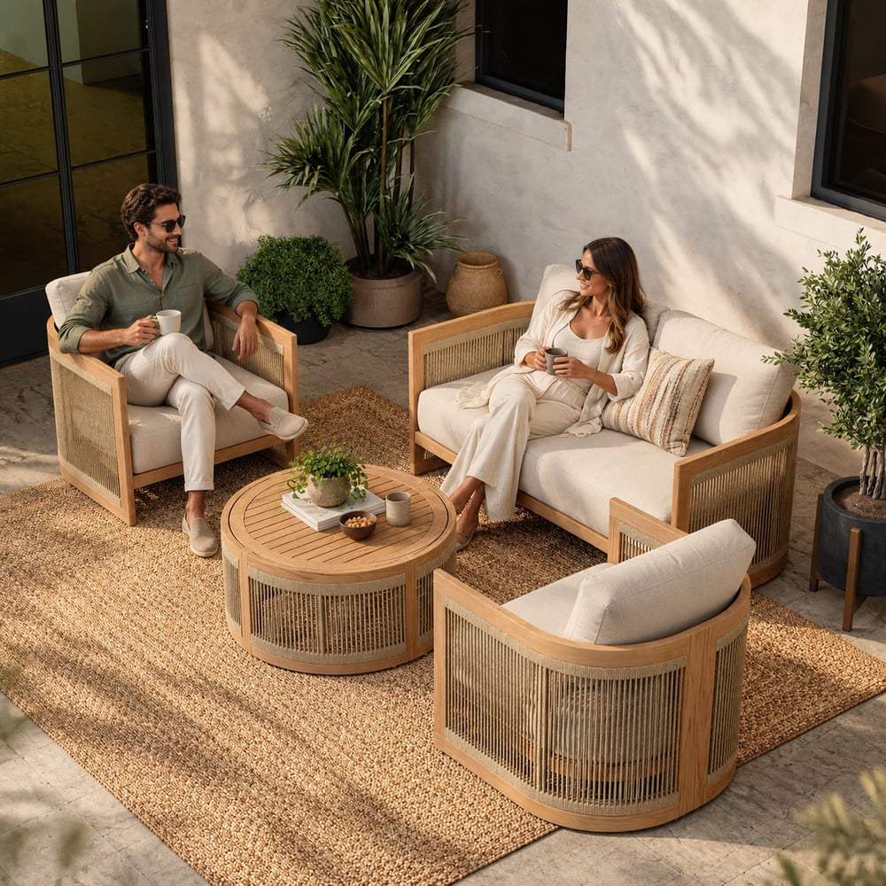 Ensemble de canapé d'extérieur Boheva 4 pièces en teck et corde tressée avec table basse pour 4 personnes image de fenêtre