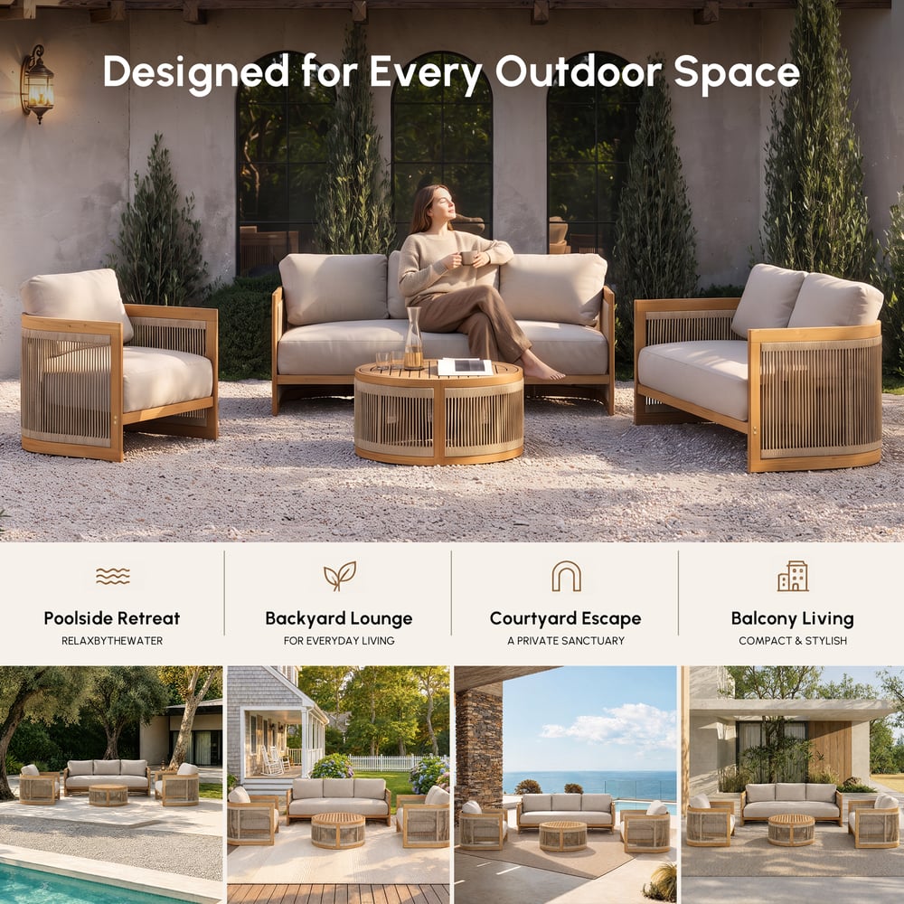 Boheva 4-Piece Outdoor Teak & Rope Weave Sofa Set with Coffee Table for 4 window image
