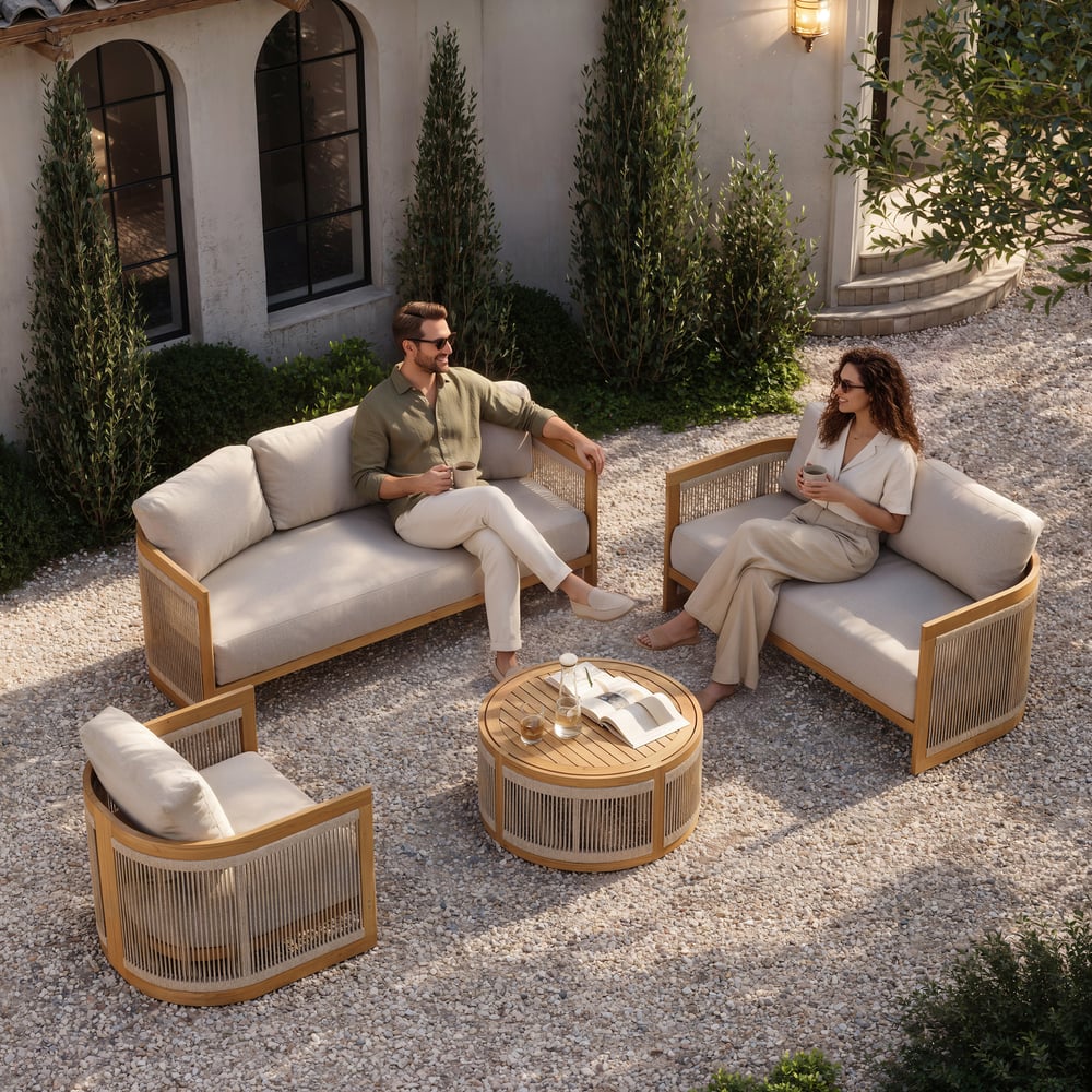 Boheva 4-Piece Outdoor Teak & Rope Weave Sofa Set with Coffee Table for 4 window image