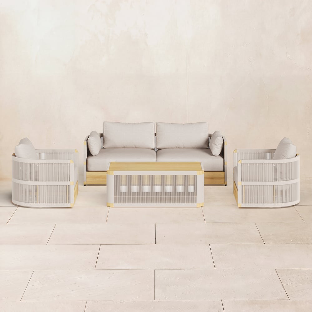 Ensemble de canapé de jardin en résine tressée 4 pièces avec fauteuils pivotants et table basse en ivoire pour 4 personnes image de fenêtre