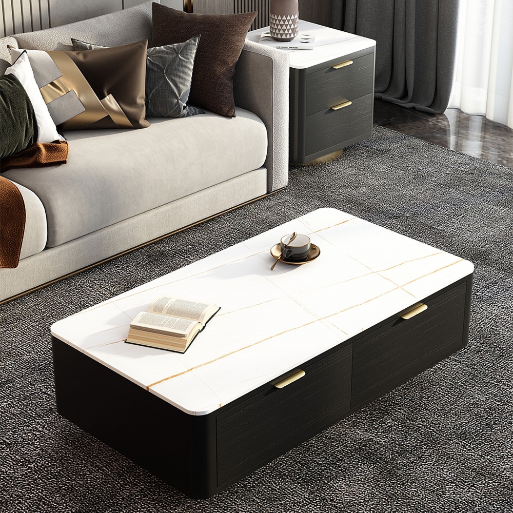 White Rectangular Coffee Table with Storage Sintered Stone 2-Drawer Accent Table window image