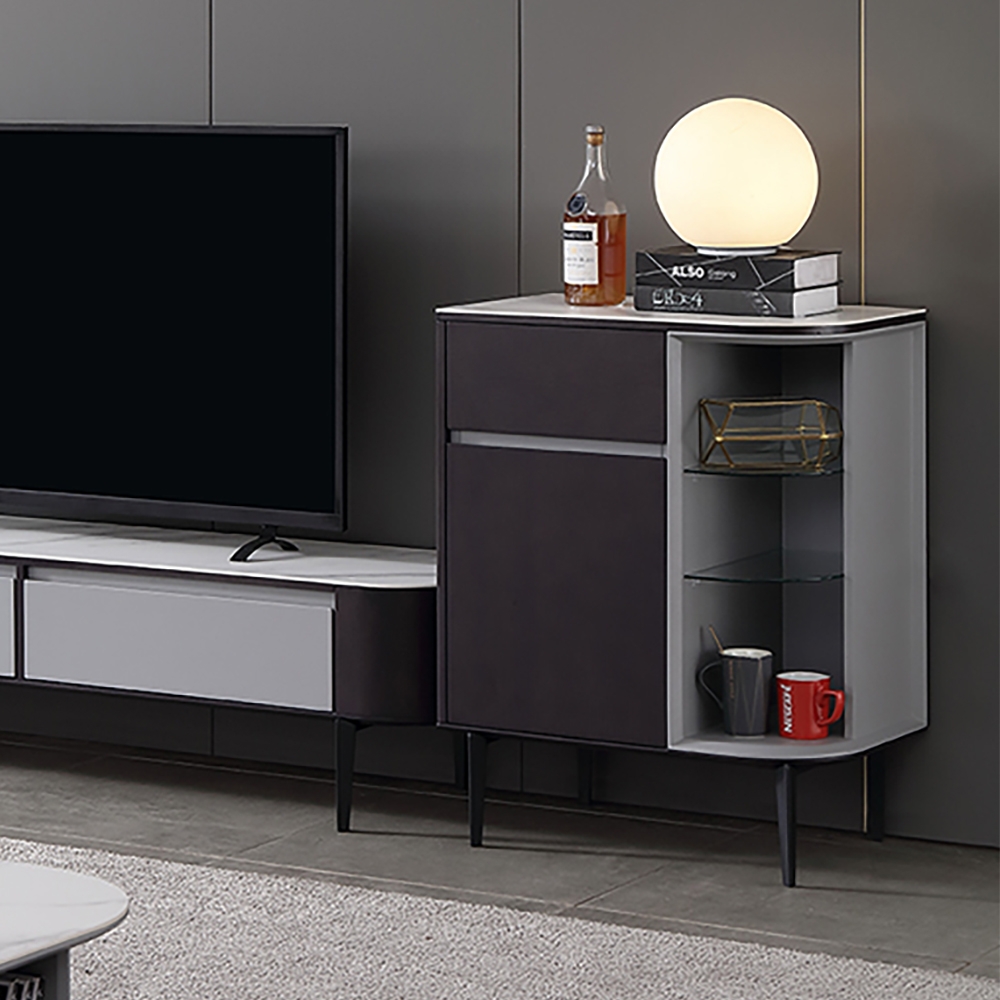 Minimalist Gray Cabinet with Sintered Stone Top Adjustable Glass Shelves window image