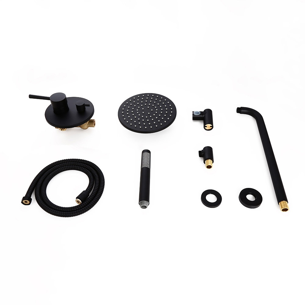 Modern Solid Brass Wall Mount Round 12" Rainfall Shower and Handheld Shower Set with Slide Rail Matte Black window image