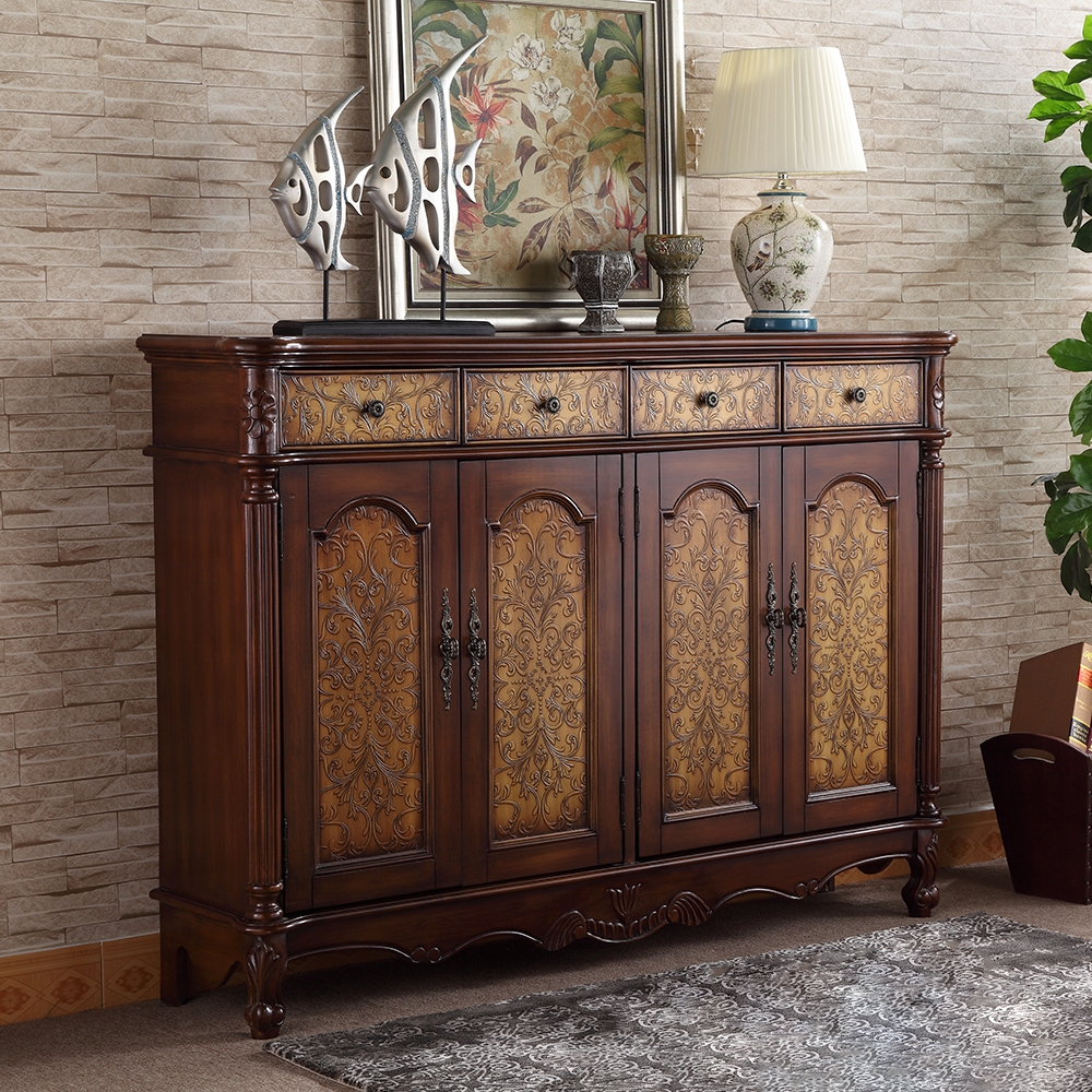 59.1" Vintage Walnut Shoe Cabinet Embossed Floral Surface with 6 Shelves and 4 Doors window image