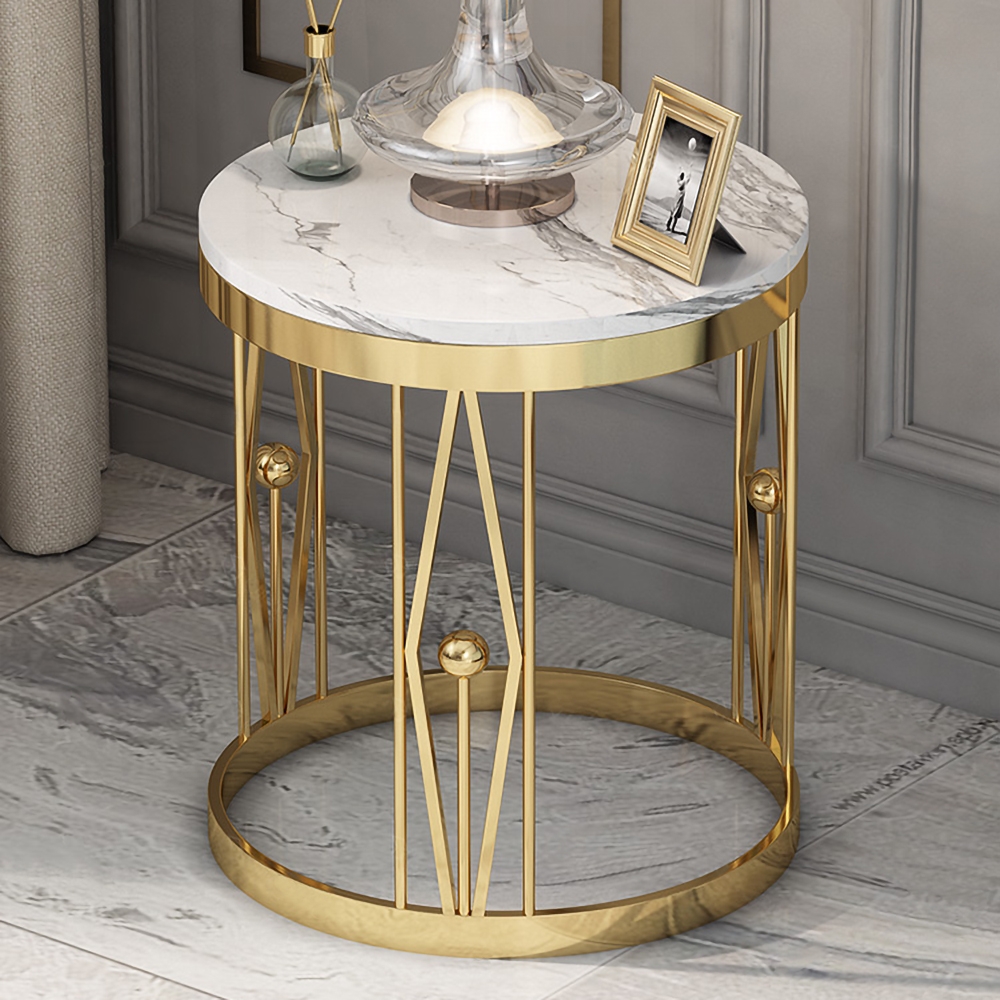 Modern Luxurious Round White Faux Marble Side Table Stainless Steel End Table in Gold window image