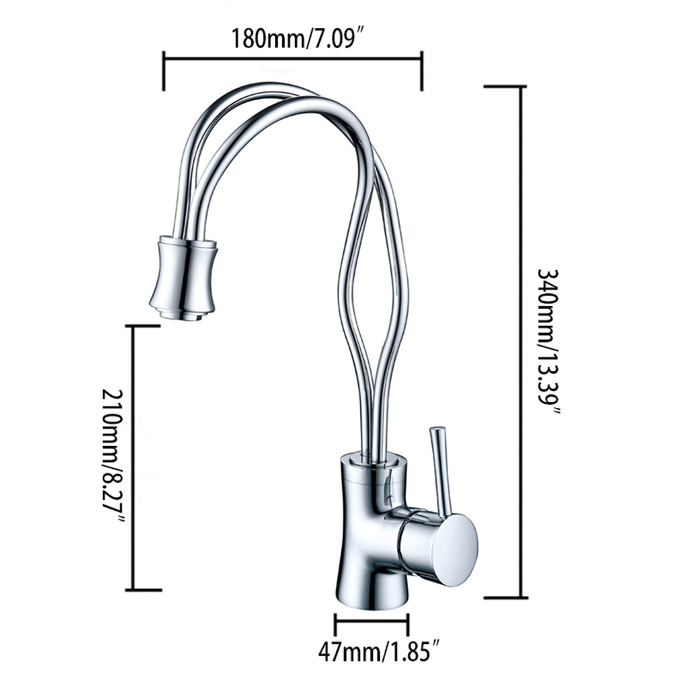 Modern Glistening Single Handle One Hole Brass Kitchen Faucet with Two Pipes in Chrome window image