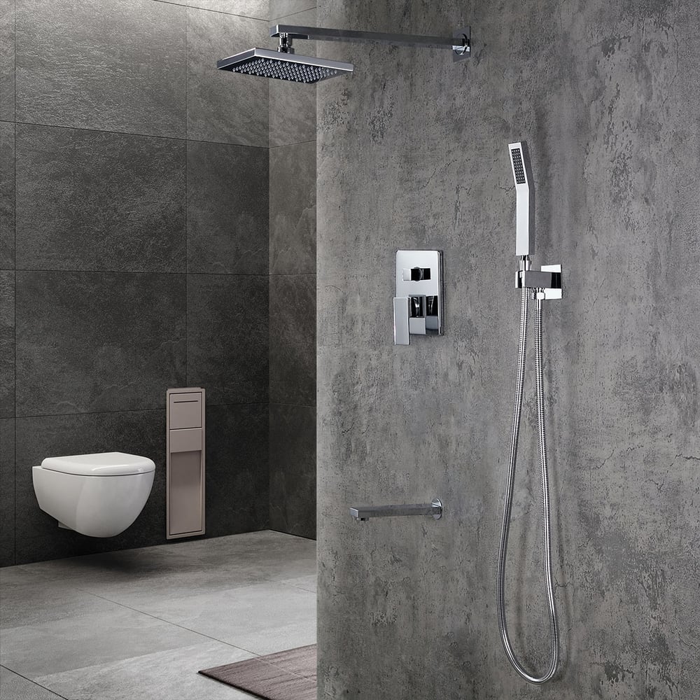 Dree Solid Brass Wall Mounted 16" Square Rainshower Handshower and Tub Spout Shower Combo Set in Polished Chrome window image