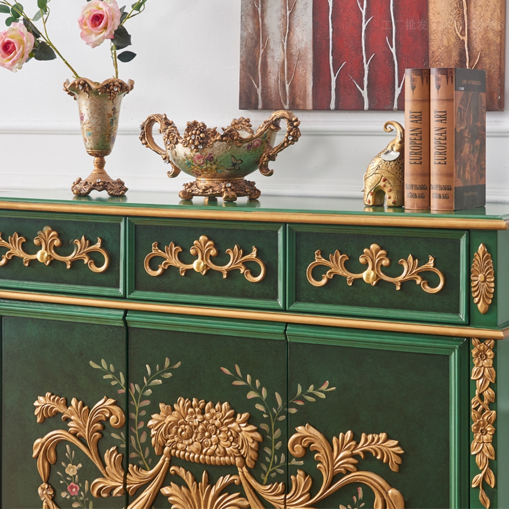 48" Vintage Rustic Shoe Cabinet Floral Patterns Gold Embossed Surface with 3 Drawers & 3 Doors & 8 Shelves window image