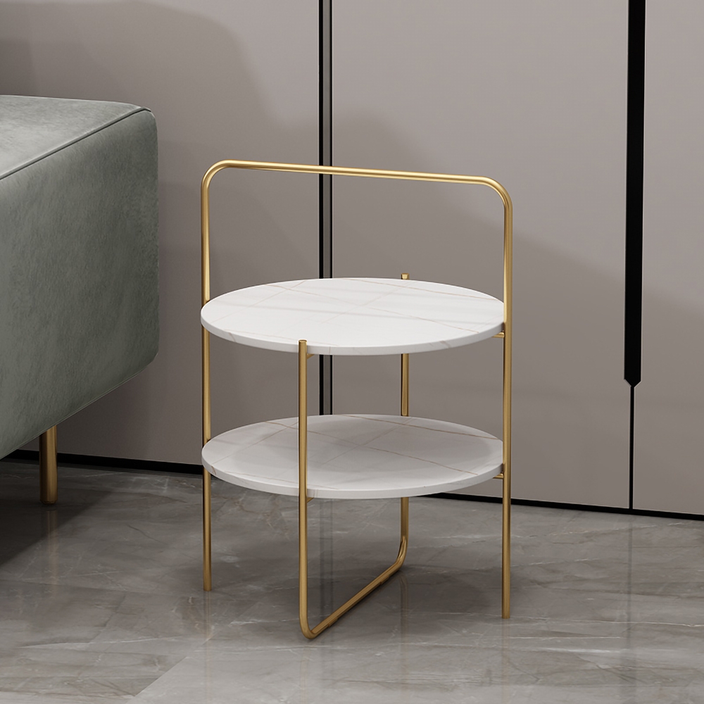 Black Round Side Table Sintered Stone Top with Shelves End Table Metal window image