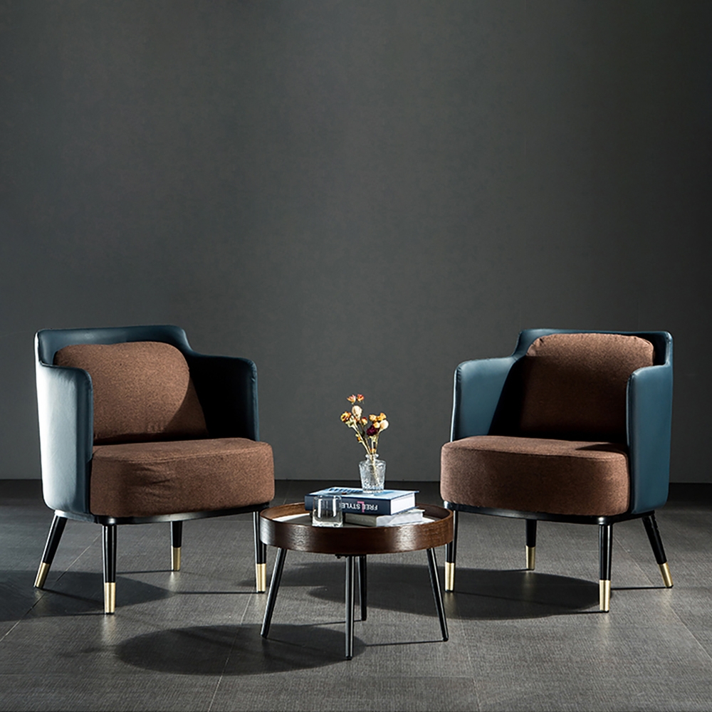 Mid-century Accent Chair Linen&PU Leather Upholstered in Gold&Black Legs window image