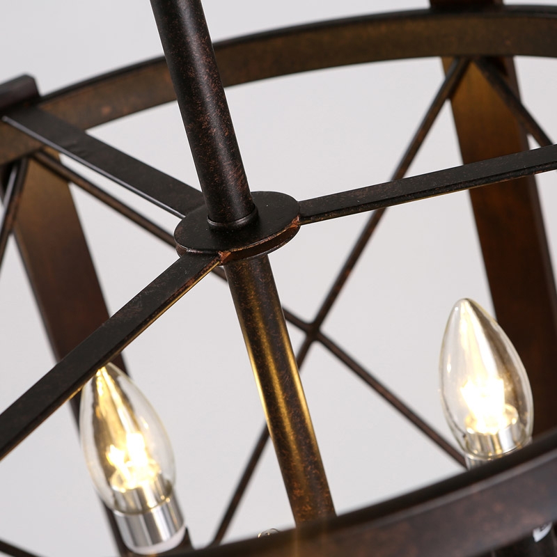 Retro Industrial 3-Light Drum-Shaped Metal & Wood Frame Semi Flush Ceiling Light in Rust window image