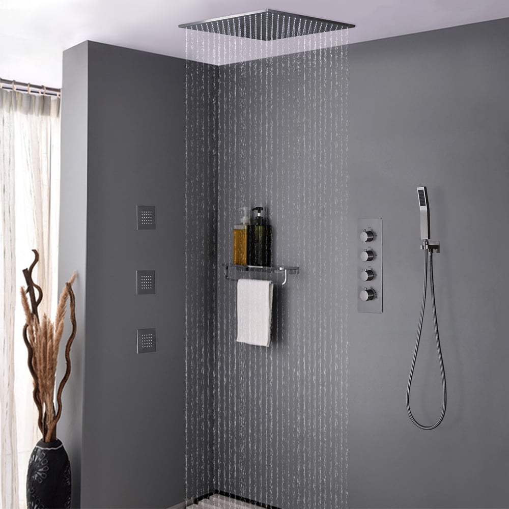Modern Rain Thermostatic Brushed Nickel Shower Tap Flush Mount Shower System with Hand Shower & Body Jets Solid Brass window image