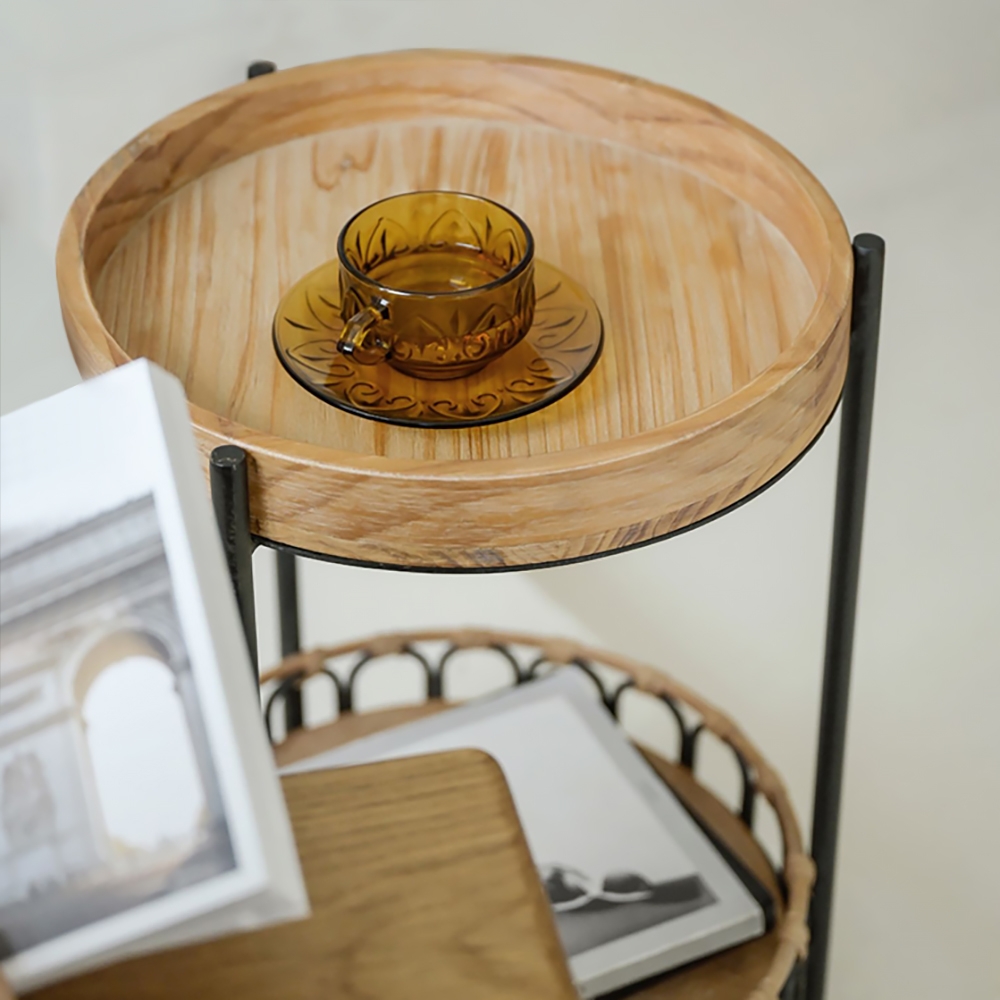 Farmhouse Wood Side Table with Shelf Rattan Woven Round End Table window image