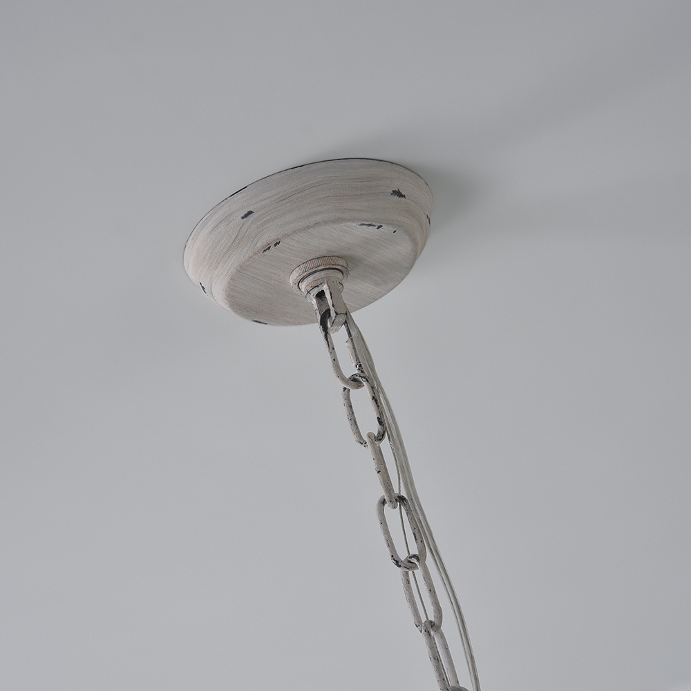 Farmhouse French Country Distressed White Wood Draped Beaded Chandelier Basket 6-Light Ceiling Light window image