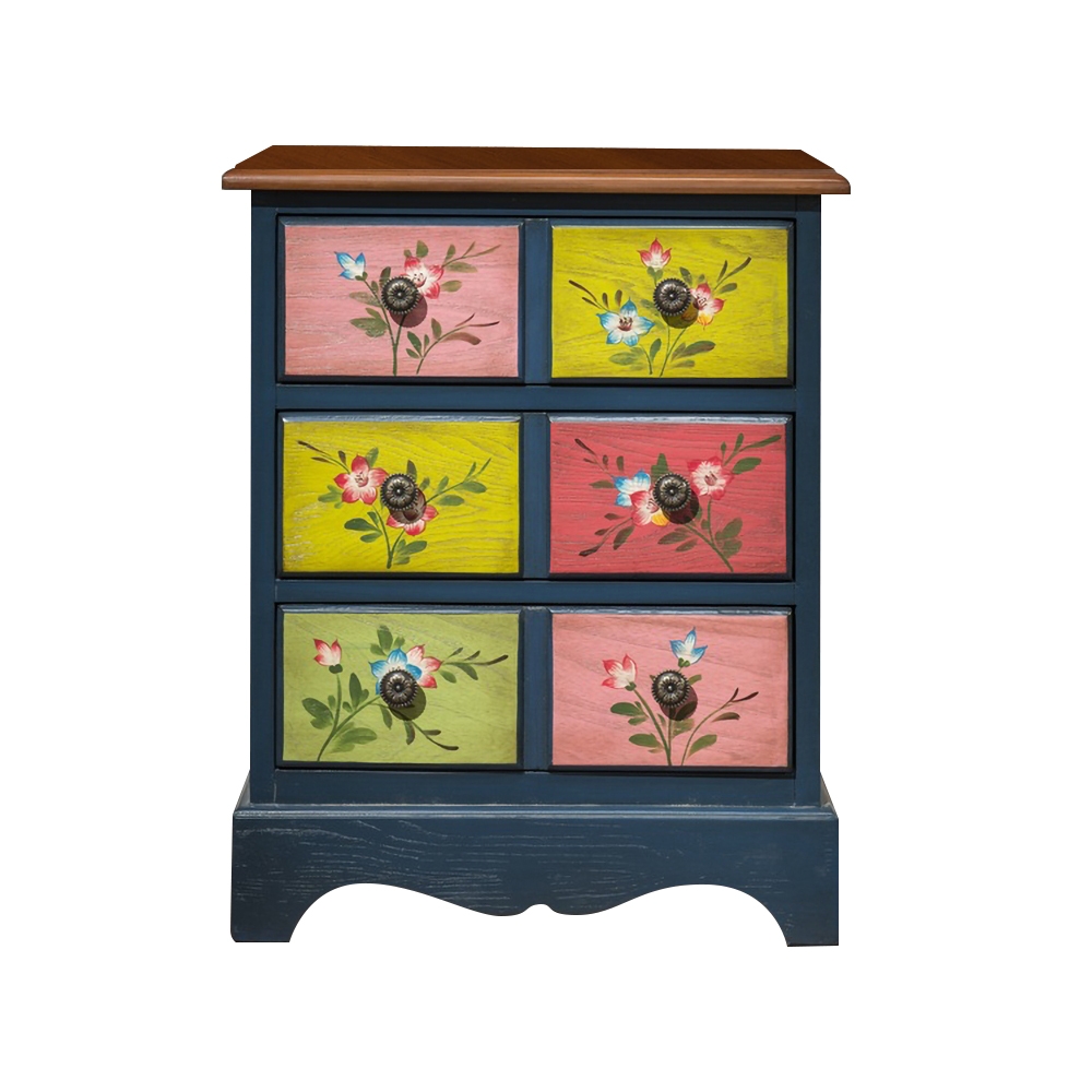 Vintage Gray&Walnut Cabinet Floral Accent Chest with 6 Drawers window image