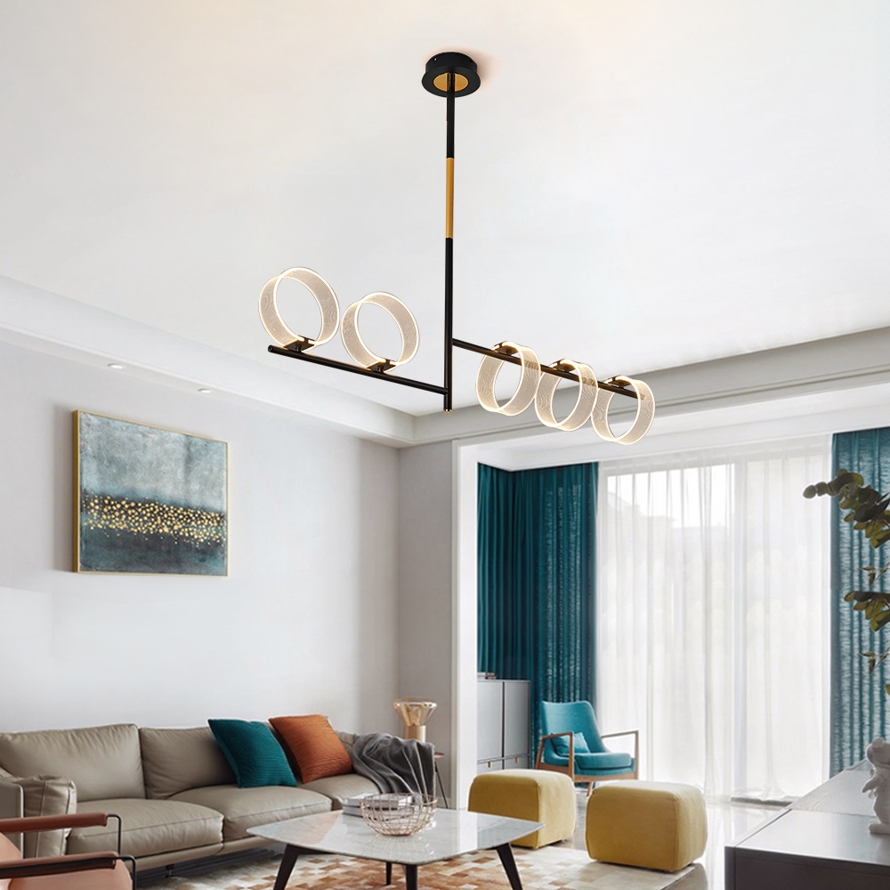 Linear LED Acrylic Island Pedant Light Black and Gold 5 Light Modern window image