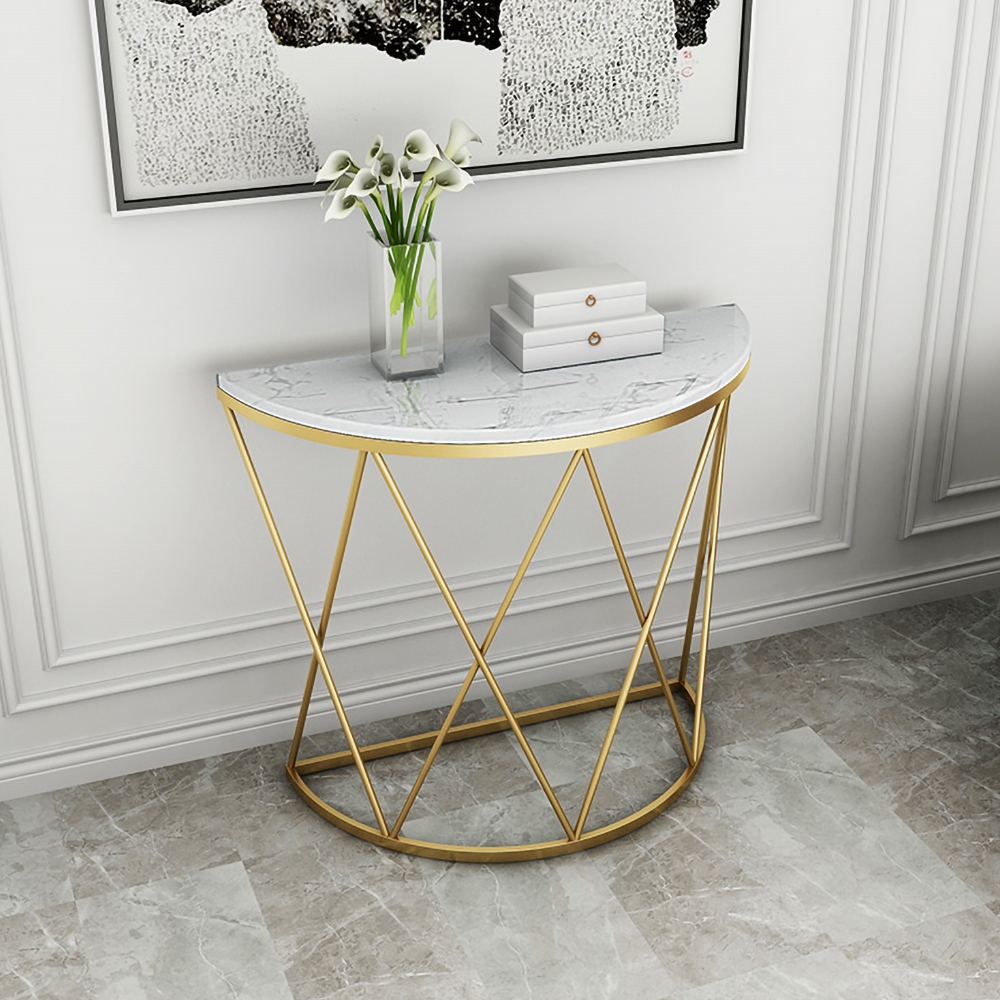 Modern Luxury Faux Marble Narrow Console Table Semicircle Table Gold window image