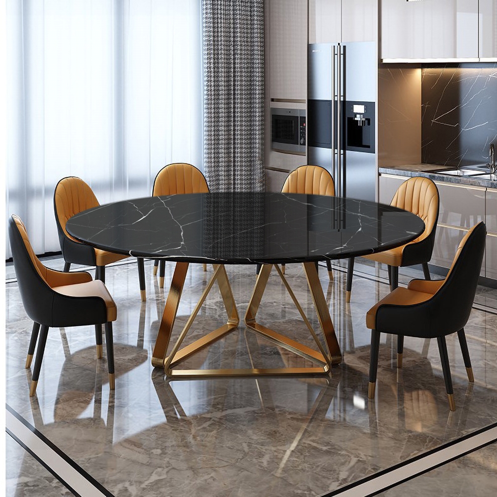 Black Modern Round Marble Dining Table with Stainless Steel Base｜Homary UK
