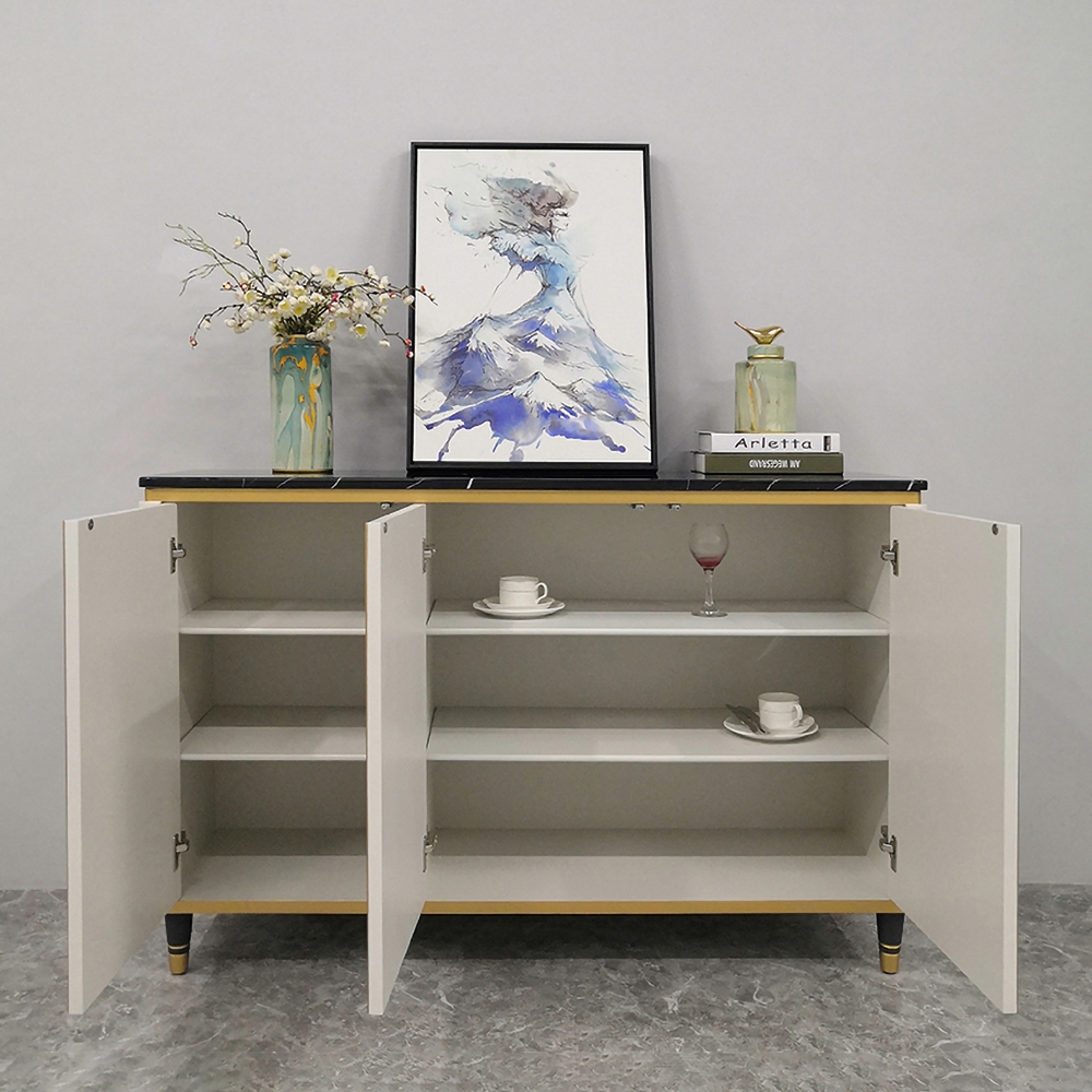 63" White Sideboard Buffet Black Faux Marble Top with Doors & Shelves Gold Finish in Large window image