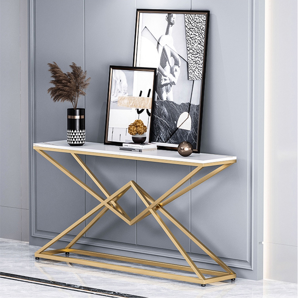 Modern White Luxury Sintered Stone Narrow Console Table Rectangular Gold Finish window image