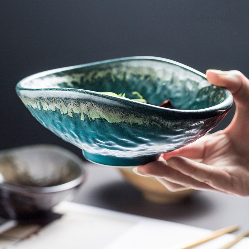 Vintage Irregular 6.6" Pottery Salad Bowls Handcrafted Glaze Ramen Bowl Set of 2 Green window image