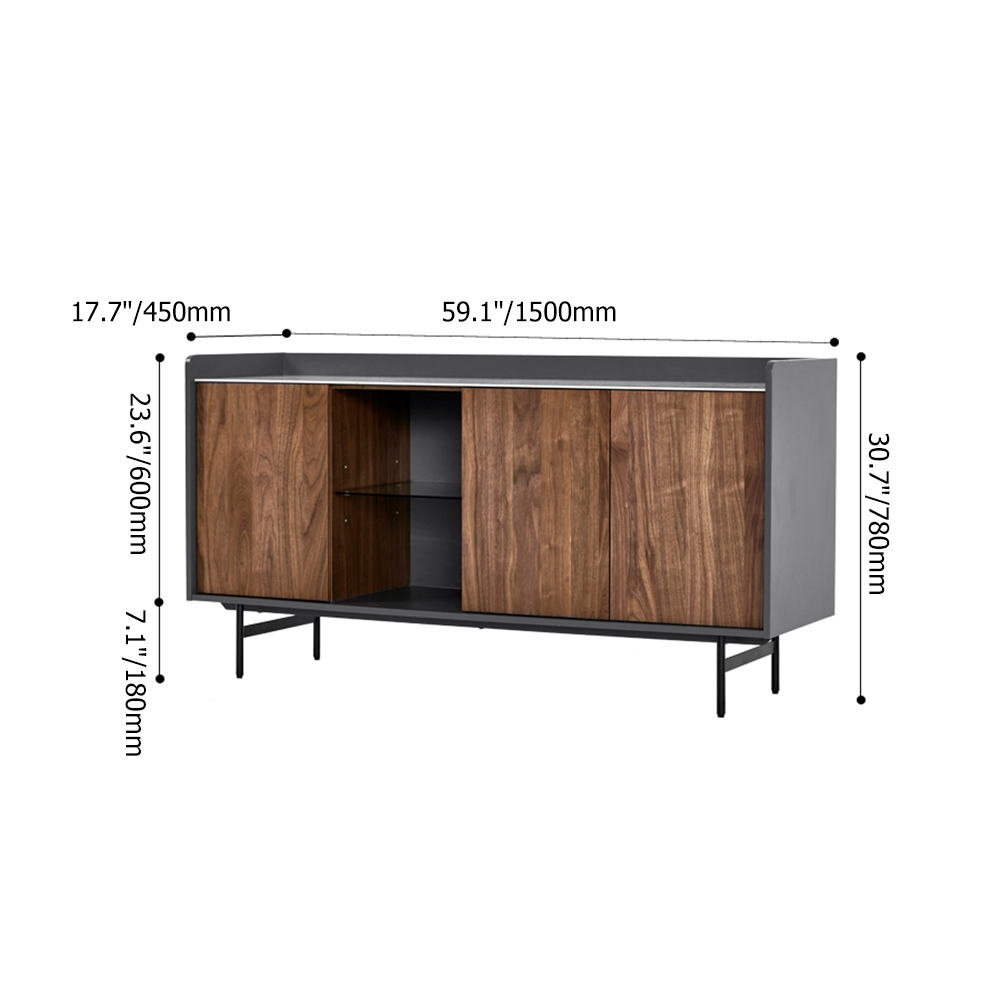 59" Walnut Sideboard Buffet Ceramics Top with Doors & Adjustable Shelves in Carbon Steel Legs window image