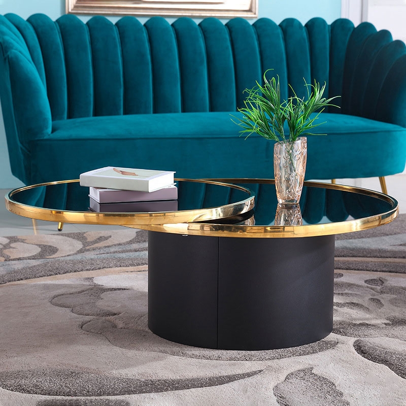 Nordic Black Tempered Glass Round Coffee Table with Stainless Steel Base in Black & Gold window image