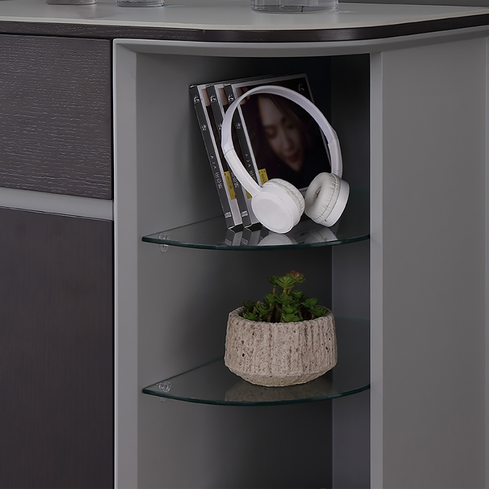 Minimalist Gray Cabinet with Sintered Stone Top Adjustable Glass Shelves window image