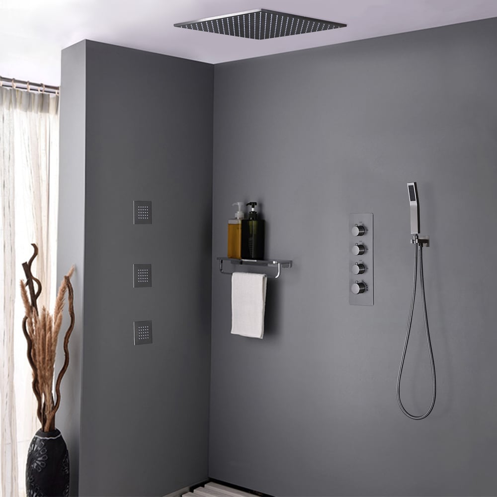 Modern Rain Thermostatic Brushed Nickel Shower Tap Flush Mount Shower System with Hand Shower & Body Jets Solid Brass window image