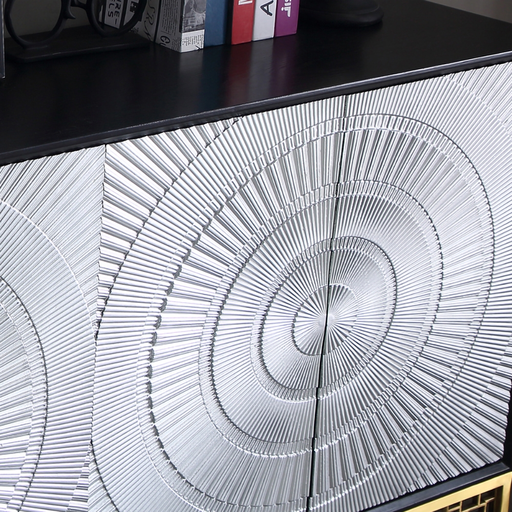 Black&Silver Sideboard Buffet Solid Wood Kitchen Cabinet with Doors and Shelves in Brass window image