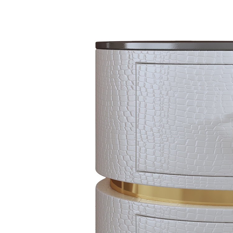 Modern Round White & Gold Microfiber Leather Nightstand with Drawers Glass Top window image