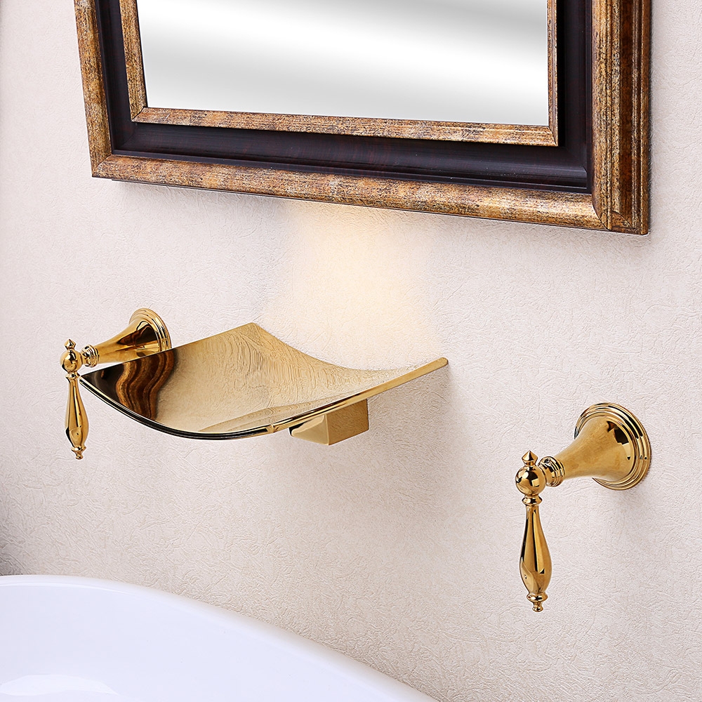 Grop Modern Waterfall Wall Mount 2-Handle Bathroom Sink Faucet Solid Brass in Gold window image