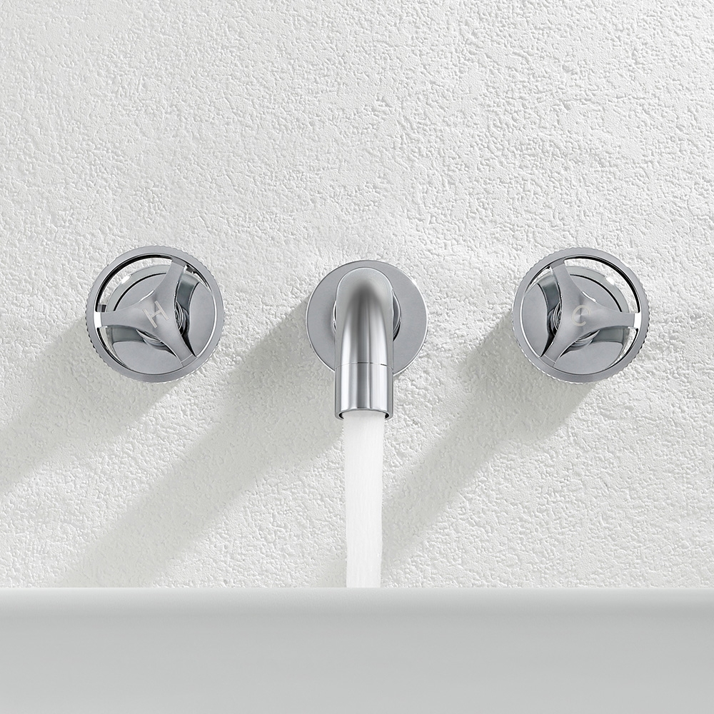 Ave Industrial Wall Mount Bathroom Mixer Tap 2 Wheel Handles Solid Brass in Chrome window image